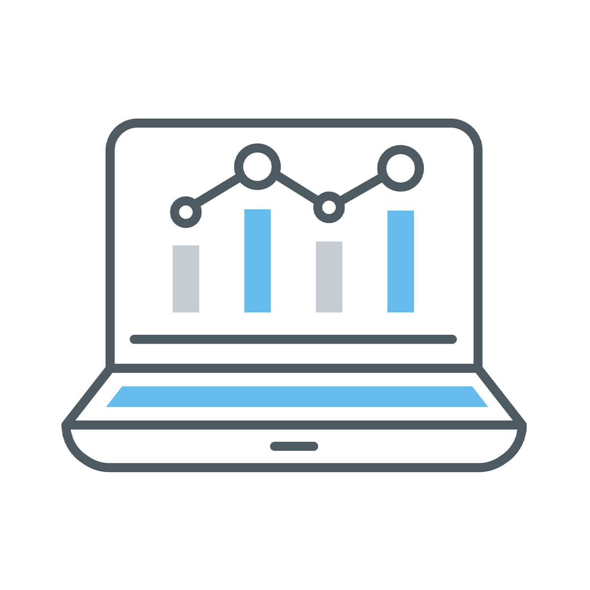 Simple line drawing of a laptop with data on screen