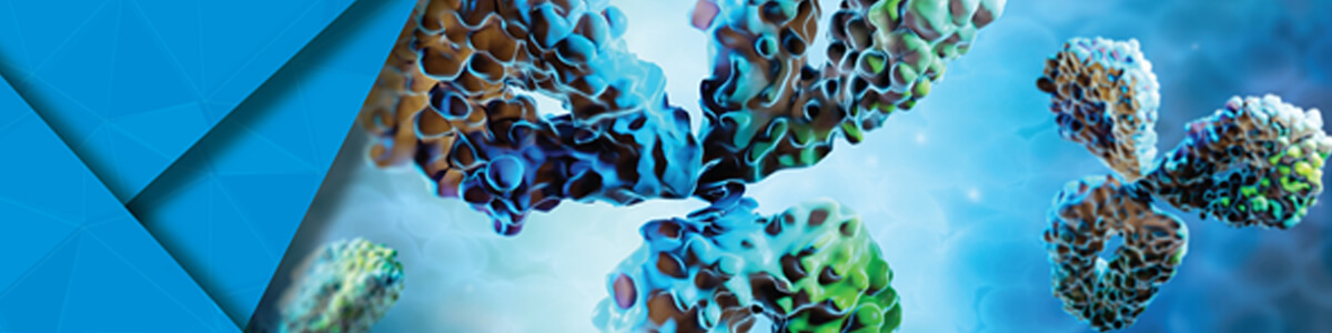 Monoclonal Antibodies in a blue background with waters triangles on to the left foreground