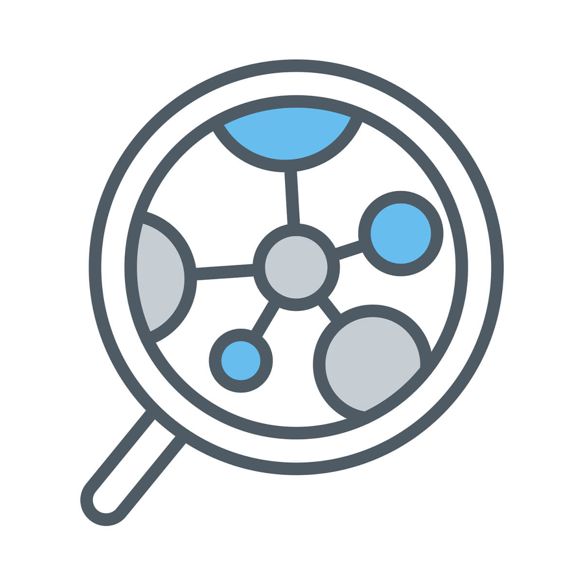 Simple line drawing of a magnifying glass looking at particles