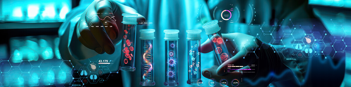 Scientist with multiple test tubes and glowing molecules inside